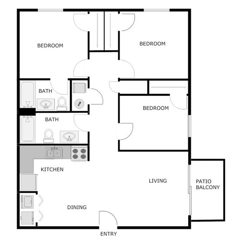 Floor plan for 3 beds, 2 baths, 972 sqft