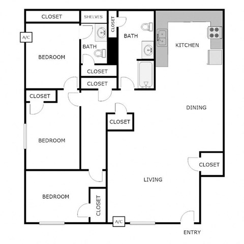 Floor plan for 3 beds, 1 bath, 1433 sqft