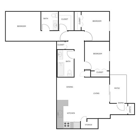 Floor plan for 3 beds, 1.5 baths, 1050 sqft