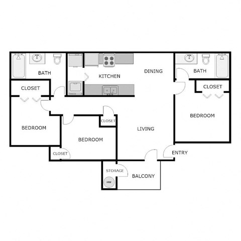 Floor plan for 3 beds, 2 baths, 1032 sqft