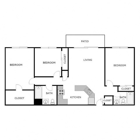 Floor plan for 3 beds, 2 baths, 1012 sqft