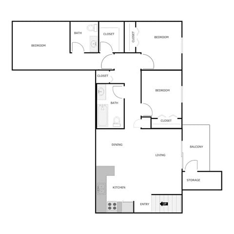Floor plan for 3 beds, 1.5 baths, 1050 sqft