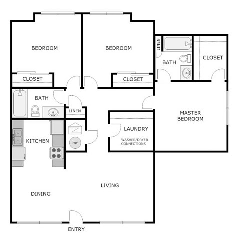 Floor plan for 3 beds, 2 baths, 1100 sqft
