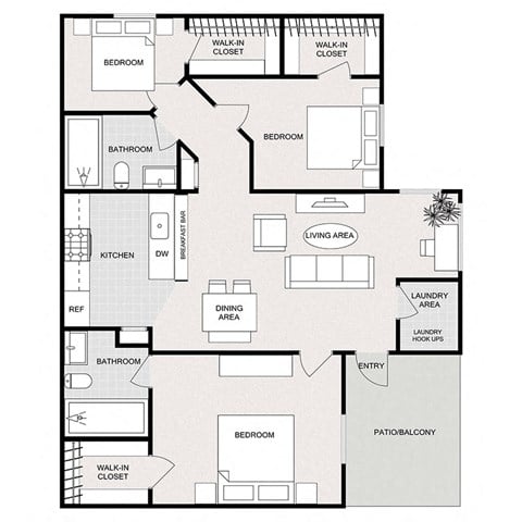 Floor plan for 3 beds, 2 baths, 1100 sqft