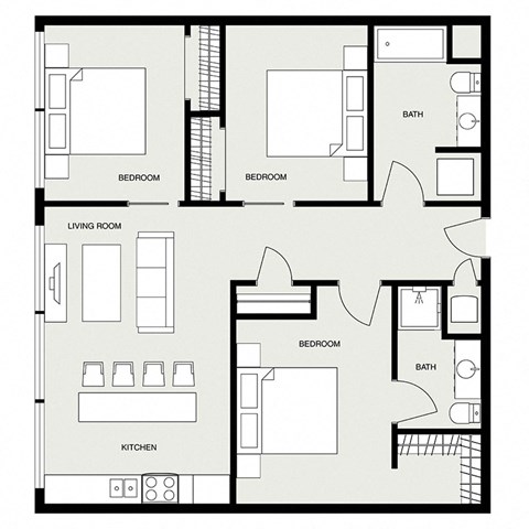 Floor plan for 3 beds, 2 baths, 1054 sqft