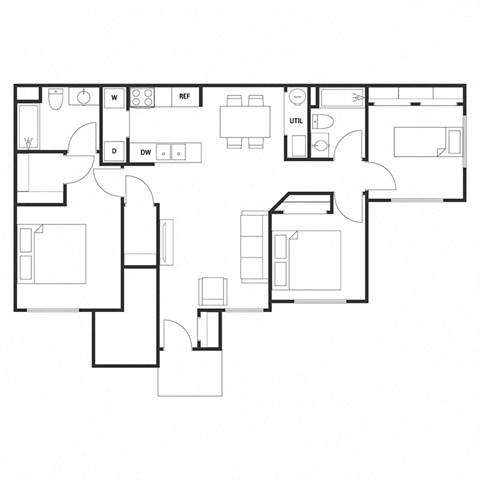 Floor plan for 3 beds, 2 baths, 1150 sqft