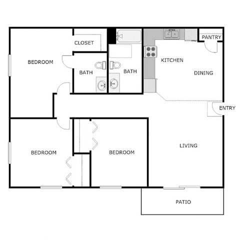 Floor plan for 3 beds, 1.5 baths, 1050 sqft