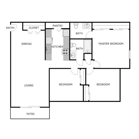 Floor plan for 3 beds, 1.5 baths, 1150 sqft