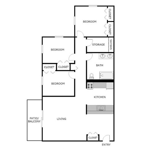Floor plan for 3 beds, 1 bath, 1000 sqft