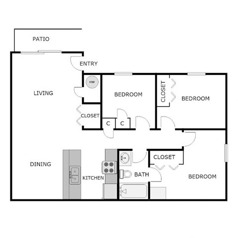 Floor plan for 3 beds, 1 bath, 1090 sqft