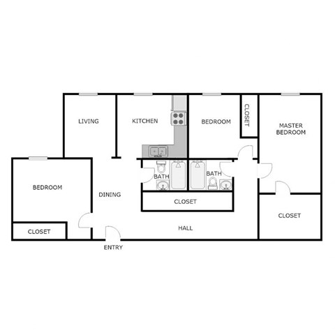 Floor plan for 3 beds, 2 baths, 1200 sqft