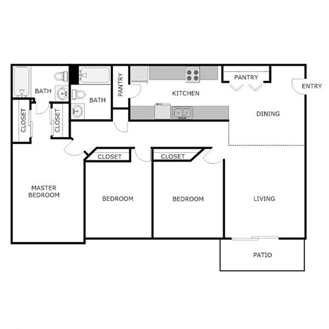 Floor plan for 3 beds, 2 baths, 1150 sqft