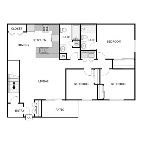 Floor plan for 3 beds, 1.5 baths, 1169 sqft