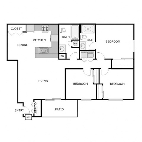 Floor plan for 3 beds, 2 baths, 1169 sqft