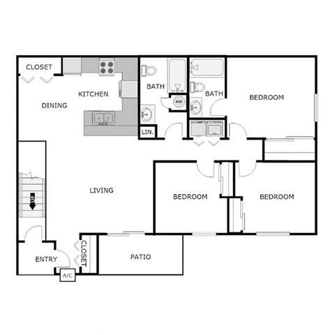 Floor plan for 3 beds, 2 baths, 1292 sqft