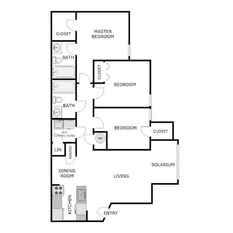 Floor plan for 3 beds, 2 baths, 1230 sqft