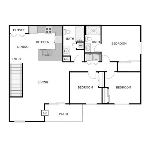 Floor plan for 3 beds, 2 baths, 1262 sqft