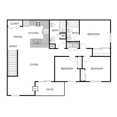 Floor plan for 3 beds, 1.5 baths, 1269 sqft