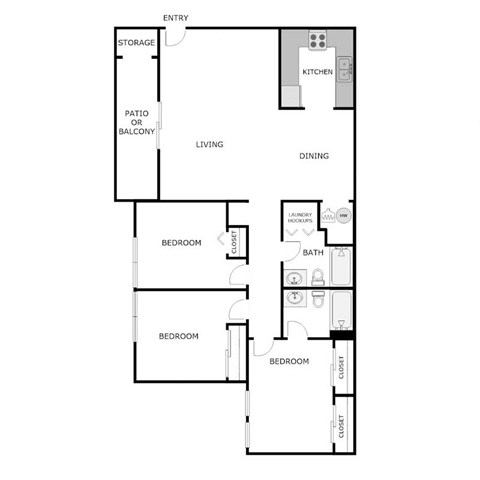 Floor plan for 3 beds, 2 baths, 1200 sqft