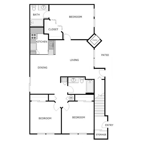 Floor plan for 3 beds, 2 baths, 1300 sqft