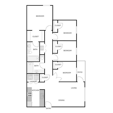 Floor plan for 4 beds, 2 baths, 1158 sqft