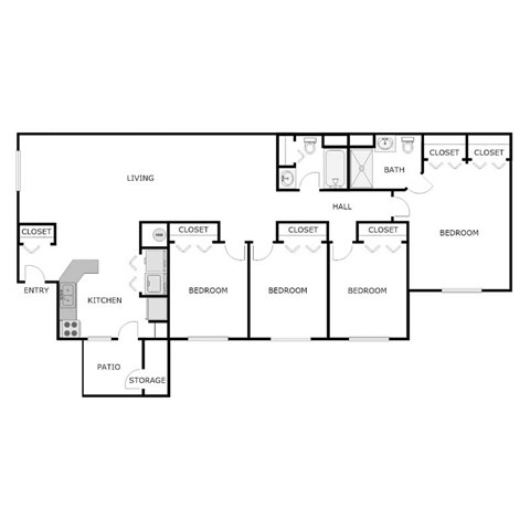 Floor plan for 4 beds, 2 baths, 1400 sqft