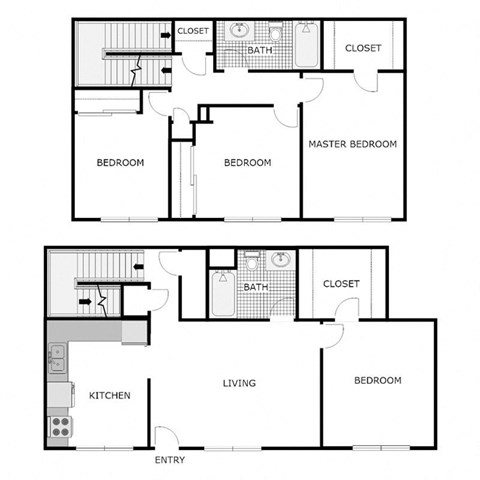 Floor plan for 4 beds, 2 baths, 1300 sqft