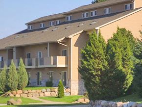 Neenah apartment for rent - a large yellow house with trees and a lawn