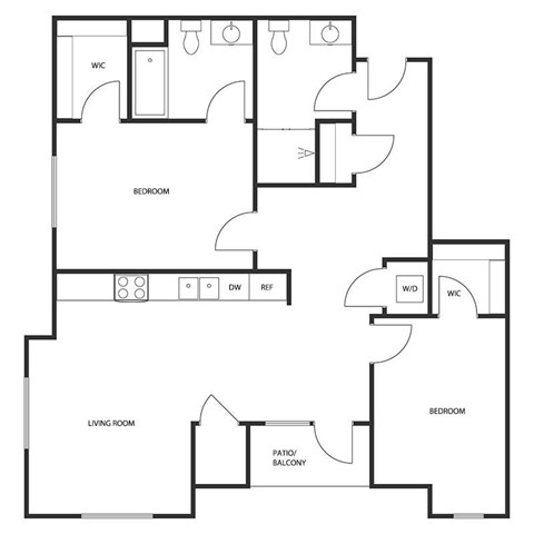 Floor plan for 2 beds, 2 baths, 1068 sqft