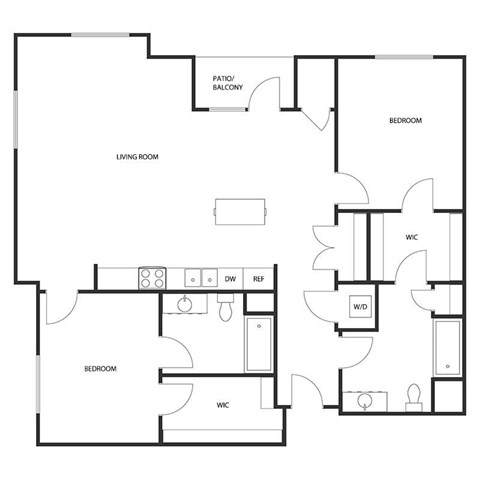 Floor plan for 2 beds, 2 baths, 1303 sqft