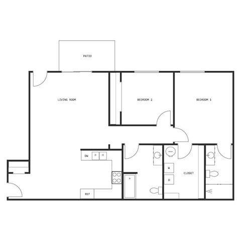 Floor plan for 2 beds, 2 baths, 1067 sqft