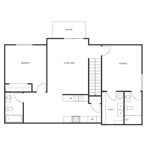 Floor plan for 2 beds, 2 baths, 1075 sqft