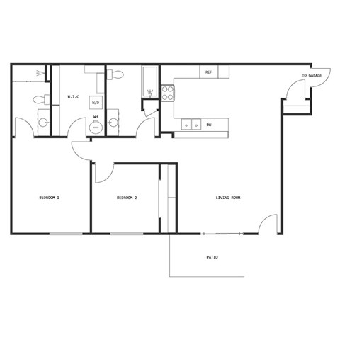 Floor plan for 2 beds, 2 baths, 1067 sqft