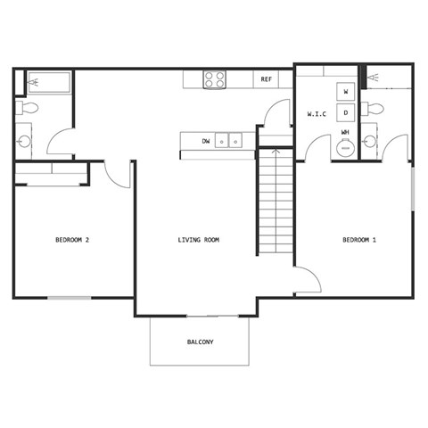 Floor plan for 2 beds, 2 baths, 1075 sqft