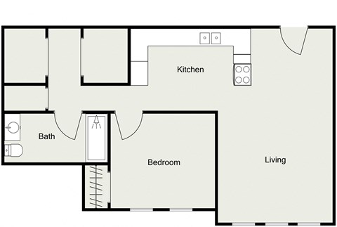 Floor plan for 1 bed, 1 bath, 760 sqft