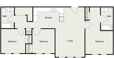 Floor plan for 3 beds, 2 baths, 1104 sqft