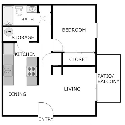 Floor plan for 1 bed, 1 bath, 730 sqft