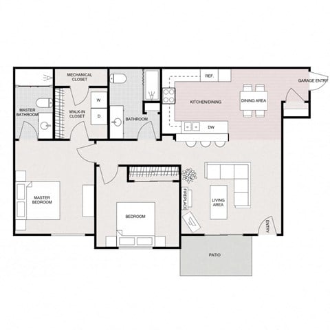 Floor plan for 2 beds, 2 baths, 1067 sqft