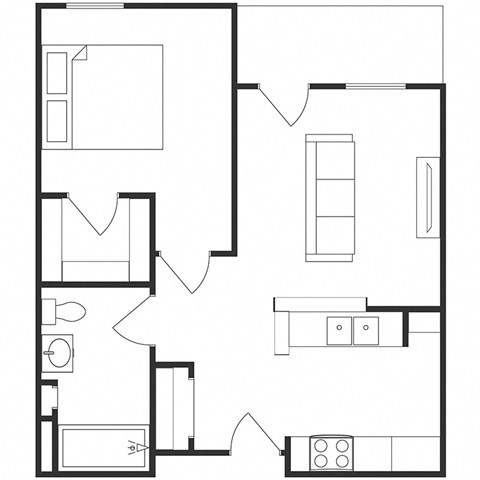 Floor plan for 1 bed, 1 bath, 611 sqft