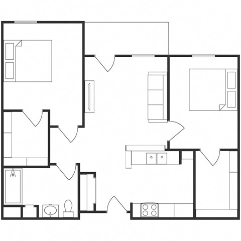 Floor plan for 2 beds, 1 bath, 847 sqft