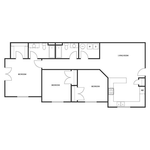 Floor plan for 3 beds, 2 baths, 1231 sqft