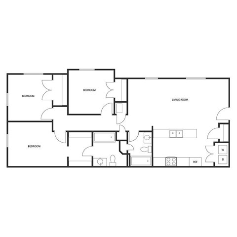 Floor plan for 3 beds, 2 baths, 1055 sqft