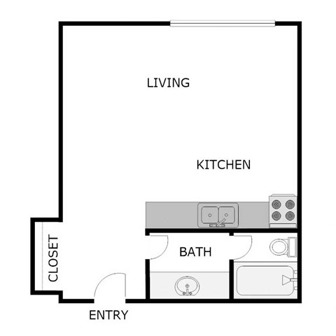 Floor plan for studio, 1 bath, 500 sqft