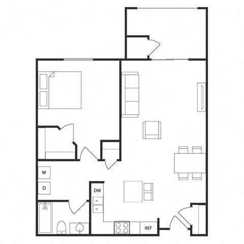 Floor plan for 1 bed, 1 bath, 749 sqft