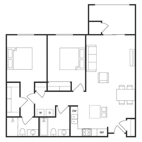 Floor plan for 2 beds, 2 baths, 1084 sqft