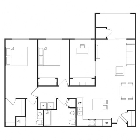 Floor plan for 2 beds, 2 baths, 1149 sqft