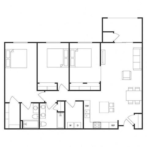 Floor plan for 3 beds, 2 baths, 1377 sqft