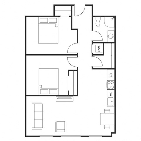 Floor plan for 2 beds, 1 bath, 950 sqft