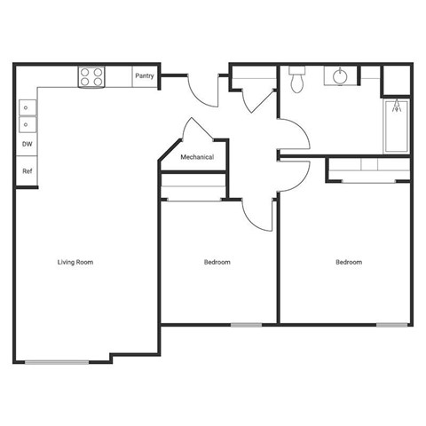 Floor plan for 2 beds, 1 bath, 978 sqft