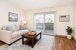 Newton apartment for rent - A living room with a couch, a coffee table, and a plant.